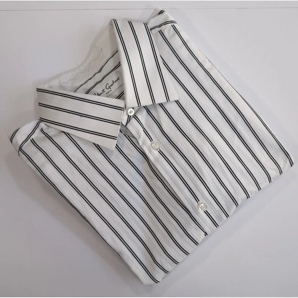 Robert Graham Flip Cuff Long Sleeve Shirt Mens 2XL 18 46 White Black Stripe